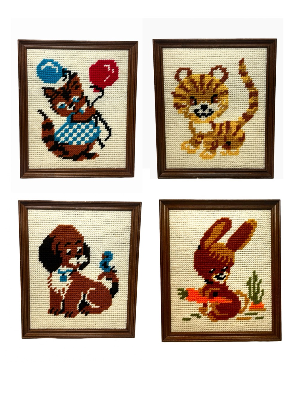 Set of 4 Vintage Needlepoint Children’s Room or Nursery - Animal Framed Wall Art
